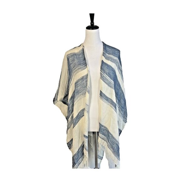ECOTE Urban Outfitters Stripe Fringe Sheer Poncho One Size Kimono Beachy Boho - Picture 2 of 6